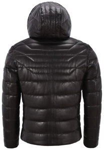 Manteau motard noir à capuchon en cuir d'agneau véritable pour homme, entièrement matelassé - Product Image 3