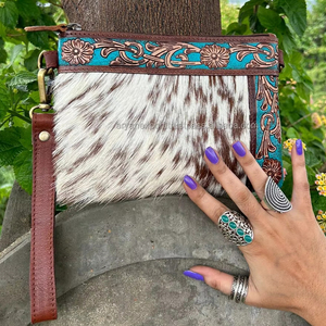 Turquoise Hand Tooled Leather Cowhide Mini <b>Crossbody</b> <b>Bag</b> <b>for</b> <b>Women</b> Wristlet Mobile Purse Custom Branded Western Leather Handbag - Product Image 4