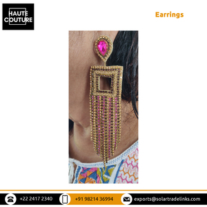 Pendientes de borlas de piedra de cadena fucsia de diseño elegante hecho a mano de 13cm de largo para mujeres y niñas, ropa de fiesta de noche bordada a mano - Product Image 6