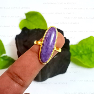 Antique 8x25mm Oval Bezel <b>Ring</b> 18K Gold Plated 925 Sterling <b>Silver</b> Handcrafted <b>Eternity</b> Natural Purple Charoite Wedding Trendy - Product Image 4