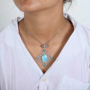 Auténtico Larimar colgante hermoso collar 925 plata esterlina diseñador colgante azul pectolita neón apatita su regalo - Product Image 4