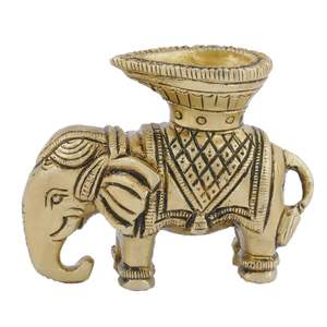 Diya à l'huile d'éléphant en laiton poli pour la figurine imprimée Pooja à la maison et au bureau - Product Image 1
