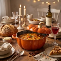 Cocotte en fonte émaillée en forme de citrouille avec couvercle et double poignée, idéale pour la cuisson et le ragoût à la maison