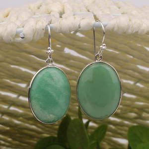Pendientes de aro finos de Plata de Ley 925 al por mayor, piedras preciosas de crisoprasa verde, forma ovalada - Product Image 2