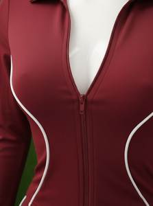 Women Full Length <b>Red</b> Solid Color Polo Neck Zipper <b>Bodysuit</b> Active Stretch Spandex Polyester Jumpsuit - Product Image 2