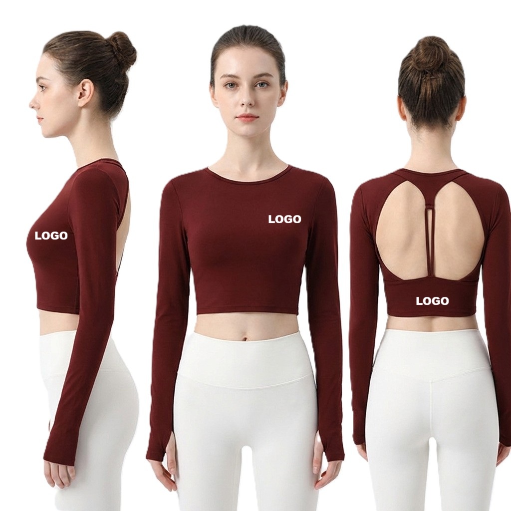 Cross-Border Autumn & Winter Fixed-Cup Slim-Fit Yoga Top, Women Custom Long-Sleeve Hollow-Back Pilates Fitness Outdoor Top