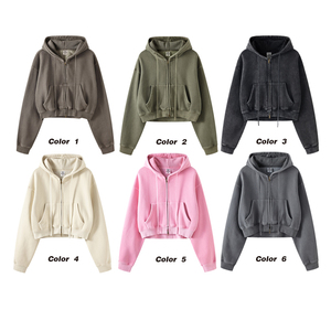 เสื้อฮู้ดคอตตอนแบบซิปรูดซิปสำหรับผู้หญิงเสื้อครอปแบบมีฮู้ด - Product Image 4