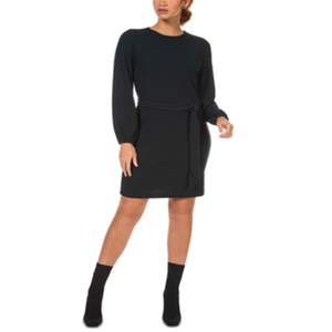 Abito Maglione Nero con Maniche a Palloncino e Cintura, Taglia L, in Lana Lavorata a Maglia, Silhouette A-Line Bodycon, Stile Semplice per l'Autunno - Product Image 1