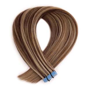 Extensions de cheveux humains brésiliens Remy à bandes adhésives, ondulation profonde # 4/27 Brun châtain et blond bronzé, style lisse invisible - Product Image 1