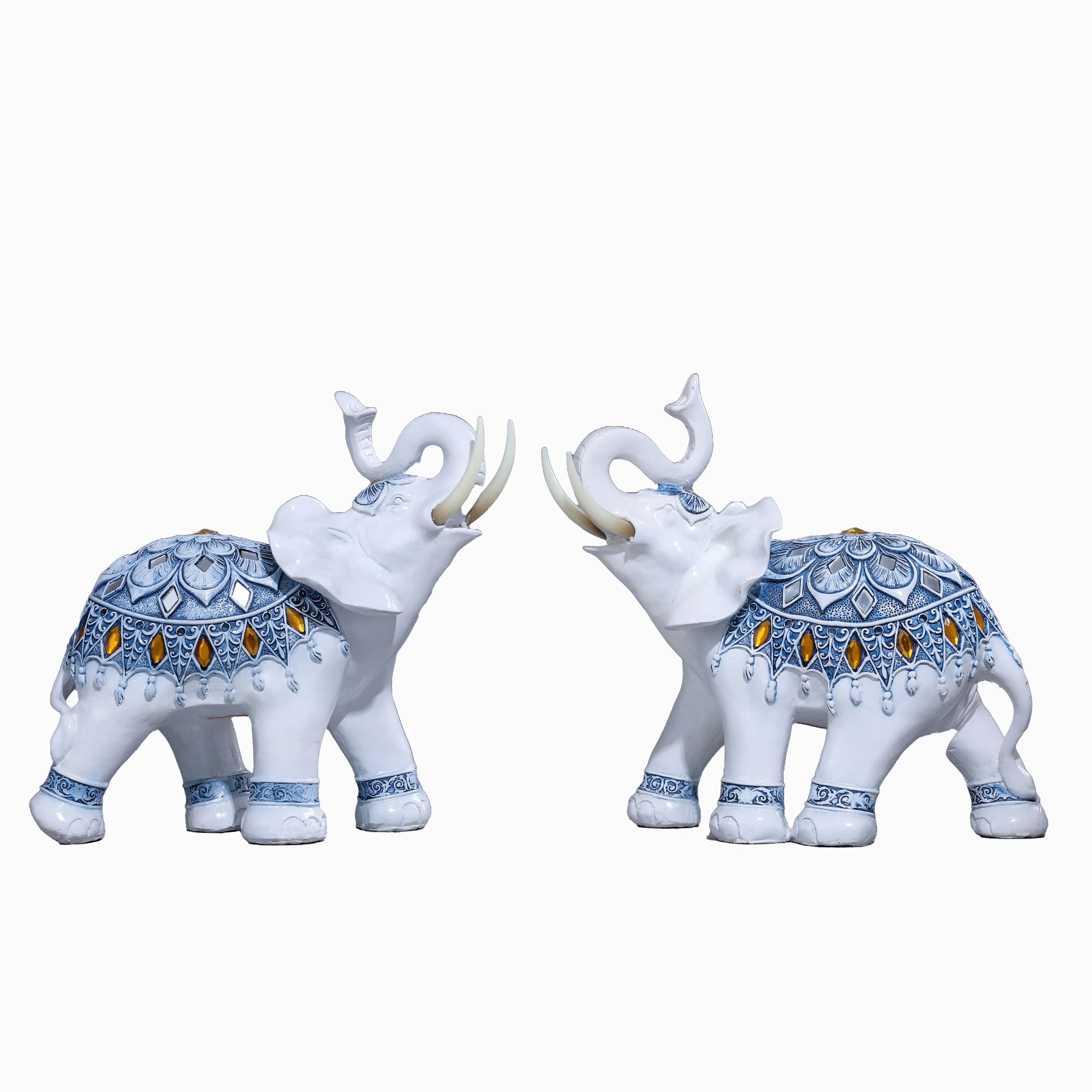 Patung gajah keberuntungan, hadiah dekorasi rumah porselen biru dan putih Feng Shui patung Resin