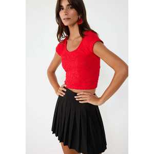 Lady's Casual Short <b>Crop</b> <b>Top</b> Crew Neck <b>Red</b> Lace Cap Sleeve Short Sleeve 100% Polyester Summer Autumn Spring Vintage Plain Dyed - Product Image 2