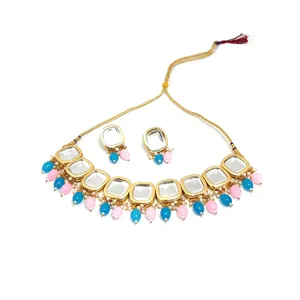 Ensemble de collier Kundan Meenakari avec zircon rose et bleu, diamant et perle, plaqué or, bijoux fins pour cadeaux, y compris une bague - Product Image 4