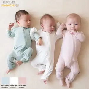 GOTS GRS Fabricant de vêtements pour bébés en coton de bambou certifié Barboteuse pour bébés avec fermeture éclair à manches longues Onesie Vêtements pour bébés