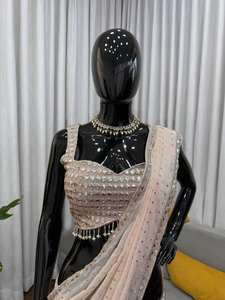 Sari de Bollywood de poliéster de primera calidad, tipo georgette sintética, listo para usar, con lentejuelas de espejo auténticas y blusa a juego, largo hasta el suelo, para fiesta. - Product Image 5