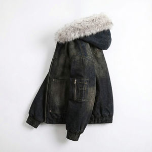 Veste en jean à capuche unisexe personnalisée, en molleton de coton de haute qualité, fermeture éclair, délavée au soleil, noire, avec doublure en fourrure, coupe ample, design 2026 - Product Image 4