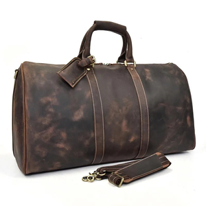Genuine Leather Foldable Portable Weekender <b>Duffel</b> <b>Bag</b> with Zipper Closure Large Capacity and Detachable Strap for Travel - Product Image 1