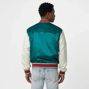 Men's Green White <b>Varsity</b> <b>Jacket</b> Satin Baseball Style Button Front Regular Fit Autumn Casual Wear - Product Image 2