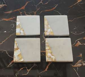White Marble <b>Coaster</b> Set Square <b>Tiles</b> Natural Stone <b>Coasters</b> Mother Of Pearl Inlay Tea <b>Coasters</b> - Product Image 3