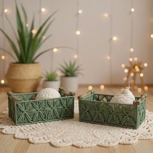 Stylish Set Of 2 Rectangular Macrame Fibre <b>Baskets</b> Ideal For Makeup Skincare Bathroom Essentials Organising From India - Product Image 2