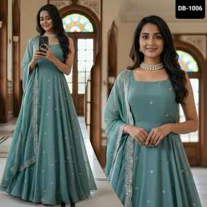 Vêtements ethniques indiens Fandy Satin matériel prêt à porter Anarkali robes avec broderie séquence Zari mariage Festival porter des robes - Product Image 2