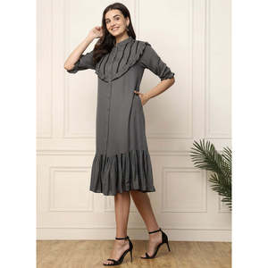 Deebaco Women's Solid Gray Midi <b>Dress</b> With Flounce Collar Ruffle Sleeve A-Line Casual Loose Fit Solid Breathable <b>Dress</b> - Product Image 3