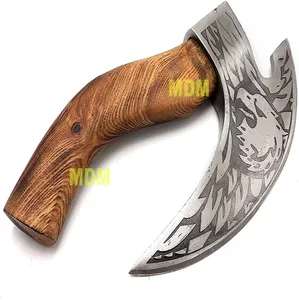 Custom Handgemaakte Carbon Staal Pizza Cutter Viking Hatchet Tomahawk Keuken Bijl Met Mooie Houten Doos