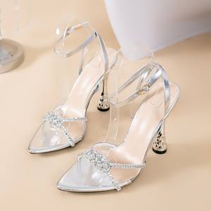 Zapatos de Mujer Primavera Otoño 2026, Estilo Moderno, Plateados con Cuentas Blancas, Tacón Transparente, Correa de Tobillo, Plataforma, Tacón Alto - Product Image 6