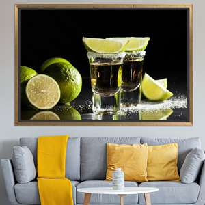 ผ้าใบตกแต่งบาร์สไตล์โมเดิร์น: ภาพพิมพ์เตกีล่าช็อตและมะนาว พร้อมกรอบสีทอง - Product Image 1