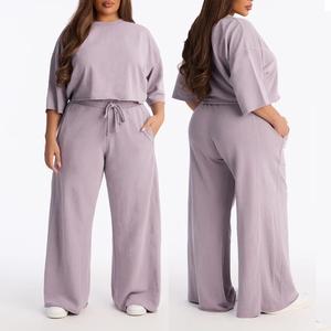 Conjunto de 2 Piezas de Suéter de Punto Holgado para Mujer, Camiseta de Manga Corta, Top con Cuello Redondo, Pantalones de Pierna Ancha con Cintura Elástica, Conjunto Informal, Hecho en BD - Product Image 6