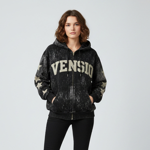 Sweat à capuche zippé vintage personnalisé, streetwear, poids lourd, 100% coton, hiver, broderie de strass, couture inversée, patch uni - Product Image 4