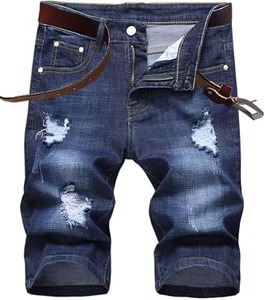 Short en jean de haute qualité pour hommes sur mesure respirant en détresse déchiré Denim taille moyenne conception pour l'été - Product Image 1
