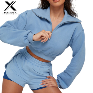 Sudadera de punto coreana de cuello alto para mujer, cálida, con media cremallera, estilo crop, para otoño/invierno, deportiva, con cremallera interior. - Product Image 2