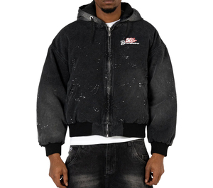 OEM logotipo personalizado bordado lavado francés Terry negro recortado peso pesado lavado ácido desgastado Zip up chaqueta con capucha hombres - Product Image 1