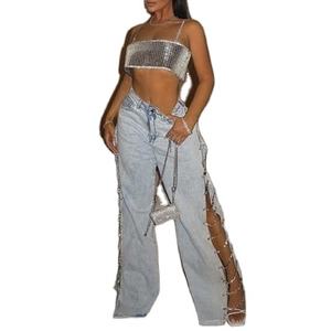 Conjunto de Dos Piezas SMR9361 Vintage Elástico para Mujer, Top Corto Sexy y Jeans Ajustados de Cintura Alta Azules, Conjuntos de Mezclilla de Dos Piezas, Ropa para Mujer - Product Image 1