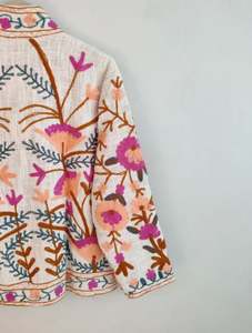 White Floral <b>Jacket</b> <b>Velvet</b> Artisan Embroidered <b>Velvet</b> <b>Jacket</b> with Grey Striped Made with high quality material and Suzani look - Product Image 4