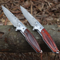 Couteau de survie Hongrui, nouveau design, couteau de chasse pliable en acier Damas, manche en bois de rose de haute qualité pour le camping, avec étui en cuir
