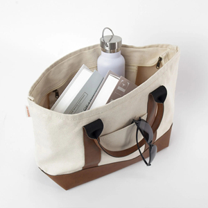 MORGANS INDUSTRIES <b>Canvas</b> <b>Tote</b> Bag Brown Leather Handles Base Solid Color Minimalist Design Zipper Closure All Seasons for Daily - Product Image 2