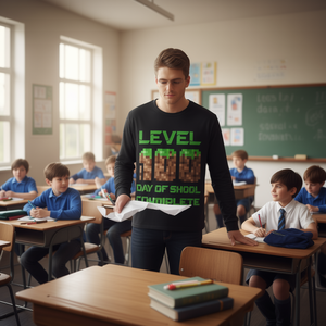 เสื้อยืดแขนยาวลายเกมพิกเซลระดับ 100 สำหรับเด็กผู้ชาย เสื้อยืดโปรโมชั่นวันเปิดเทอม - Product Image 3