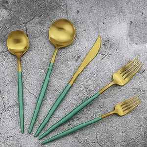 Ensemble d'argenterie en or super mince avec tiges vertes Ensemble de couverts en acier inoxydable sur le thème des vacances et de Noël réutilisables Article décoratif - Product Image 1