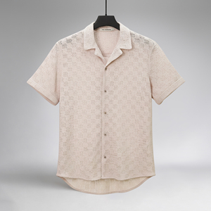 เสื้อเชิ้ตผู้ชายลำลองฤดูร้อน แขนสั้น ผ้าฝ้าย สีเบจ ขายส่ง - Product Image 1