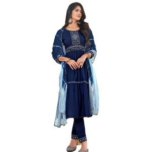 Chanderi Coton Viscose Broderie Miroir Robe de Travail avec Chinon Chiffon Collection Dupatta - Product Image 1