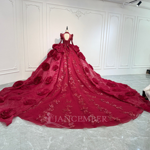 Jancember XS260 Abito da Sera Musulmano Bordeaux con Motivi Floreali e Volant Stile Impero - Product Image 5