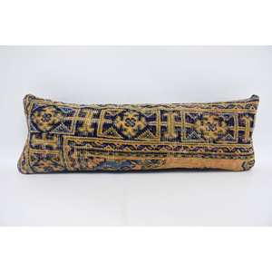 Gold Bohemian Kantha Patchwork Wool <b>Pillow</b> 12x36 Inch Embroidered Floral Vintage Woven for Bedding Floor Portable for Christmas - Product Image 1