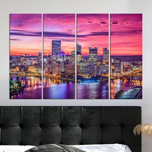 Impresión en lienzo de City Skyline: arte vibrante para pared con paisaje nocturno urbano, JUEGO DE 4 LIEÑOS - Product Image 1