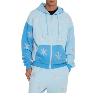 High Quality 500gsm Heavy Weight 100% Cotton Fleece Zip-up Stonewashed Acid Wash Oversized Boxy <b>Hoodie</b> Rhinestone Rivet Custom - Product Image 1