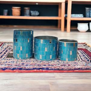 Soportes votivos de vidrio azul y plateado de lujo, tarros de linterna elegantes para fiesta en casa y trabajo de mosaico decorativo para festivales - Product Image 3