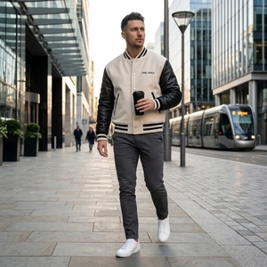 Blouson universitaire premium en cuir noir crème avec corps en laine, style bomber, streetwear, logo personnalisé, OEM, ODM, vente en gros, USA - Product Image 5
