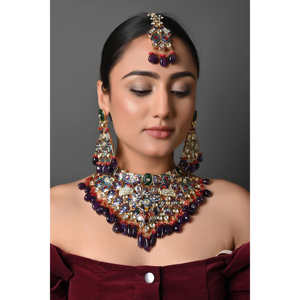 Jadau Meenakari Classic Gold Plated Bridal <b>Necklace</b> <b>Set</b> with Crystal and Diamond Fine Jewelry Featuring <b>Pearl</b> Material - Product Image 4