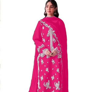 Estilo indio pakistaní señoras rayón algodón seda césped tela Rani Color mano bloque impreso Semi Stitch diseñador traje Dupatta conjunto - Product Image 1