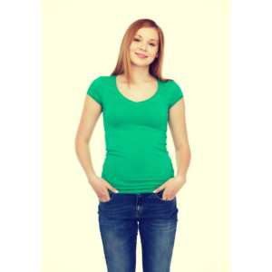 Camiseta personalizada de tela de algodón OEM para mujer, Camiseta ajustada de manga corta de longitud regular con cuello en V para mujer - Product Image 3